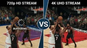 Side-by-side comparison of 720p HD stream with buffering versus crisp 4K UHD IPTV stream
